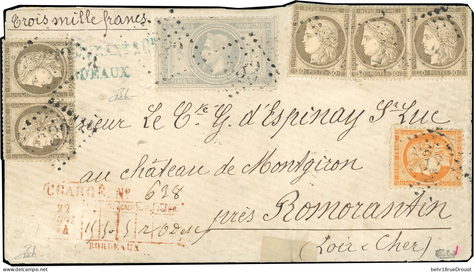 Obl. 33 + 38 + 56 - 5F. De L'Empire + 40c. Orange + 5 X 30c. Cérès Obl. GC 532 S/lettre Chargée à 3000 Francs à Destinat - 1863-1870 Napoléon III Lauré