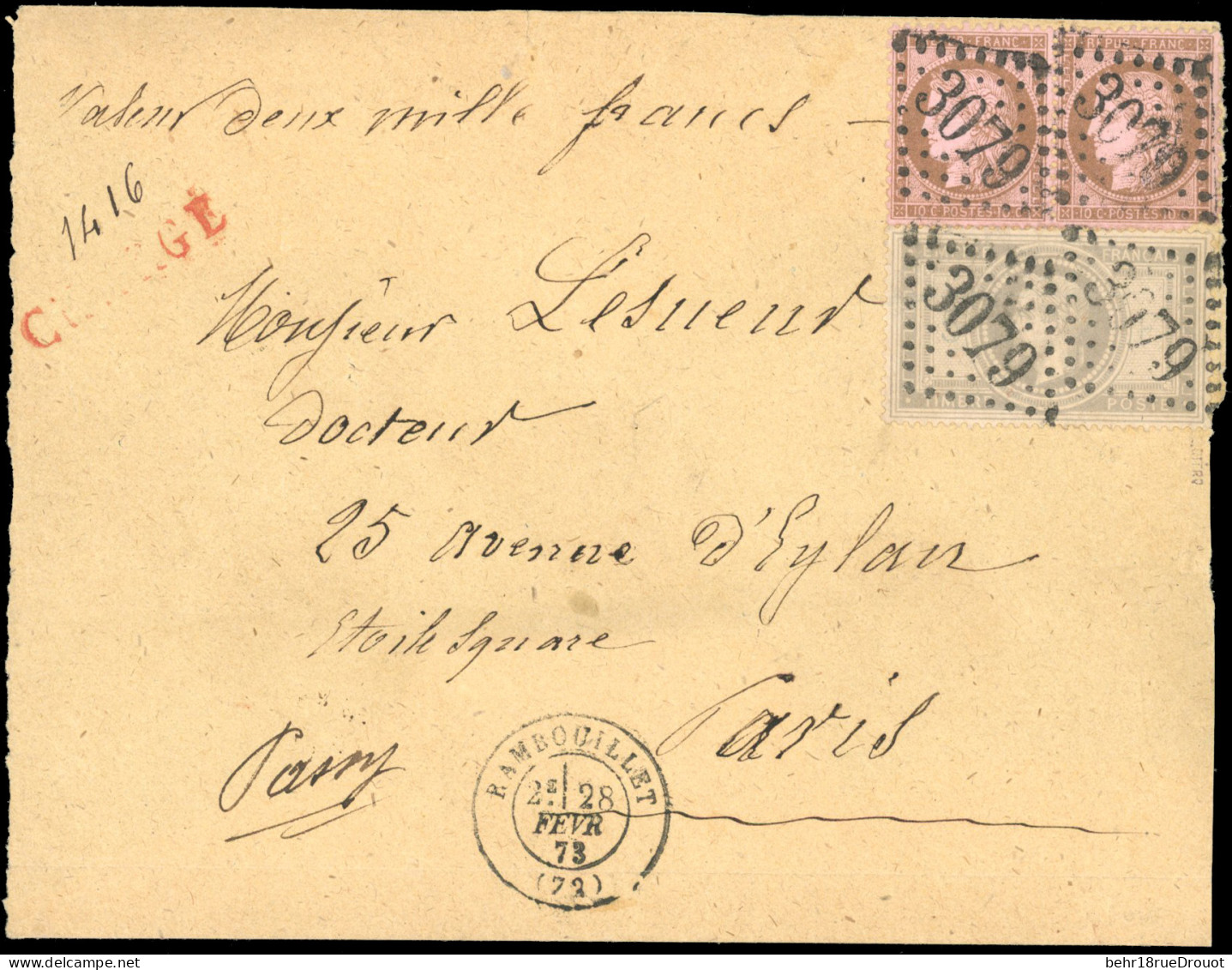 Obl. 33 + 58x2 - 5F. Violet-gris + Paire Du 10c. Brun S/rose Obl. GC 3079 S/lettre Chargée Partielle Frappée Du CàD De R - 1863-1870 Napoléon III Con Laureles