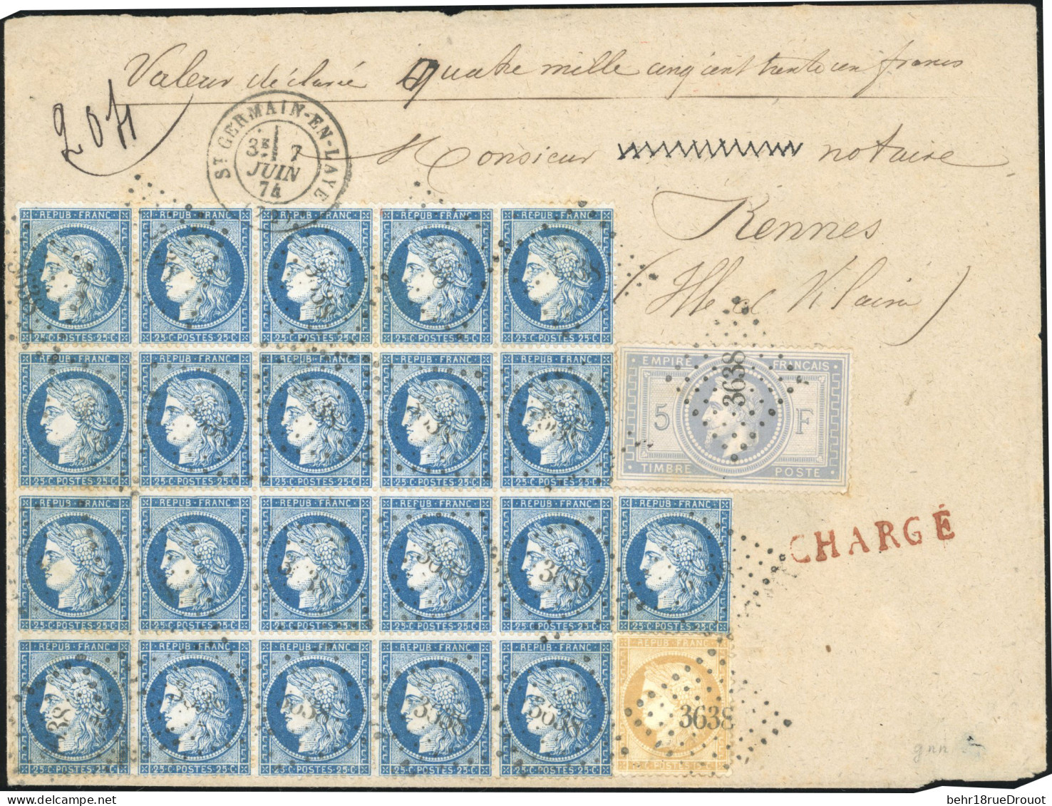 Obl. 33 + 59 + 60x21 - 5F. Gris-bleu + 10c. Bistre + 25c. Bleu X 21 (bloc De 20 + 1 Unité) Obl. PC 3638 S/lettre Chargée - 1863-1870 Napoléon III Con Laureles