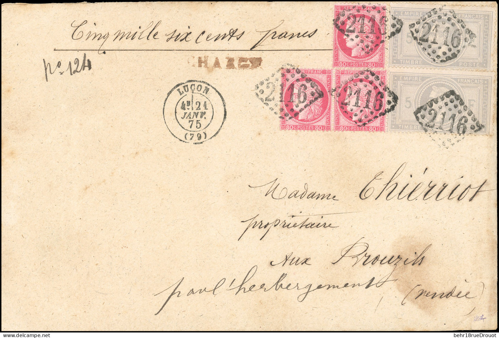 Obl. 33 X 2 + 57 X 3 - 5F. Violet-gris X 2 + Paire Du 80c. Rose + 1 Unité Obl. GC 2116 S/lettre Chargée Frappée Du CàD D - 1863-1870 Napoléon III Lauré