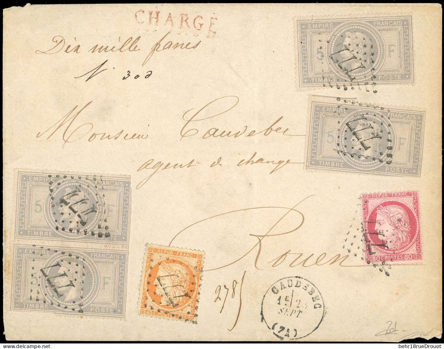 Obl. 33 X 4 + 38 + 57 - 5F. Empire X 4 (déf.) + 40c. Siège + 80c. Cérès Obl. GC 777 S/lettre Chargée Frappée Du CàD De C - 1863-1870 Napoleon III Gelauwerd