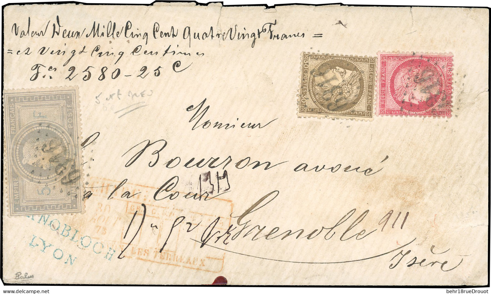 Obl. 33A + 56 + 57 - 5F. Violet-gris, "5" Et "F" En Bleu + 30c. + 80c. Cérès Obl. GC 6316 S/lettre Chargée à Destination - 1863-1870 Napoleon III With Laurels