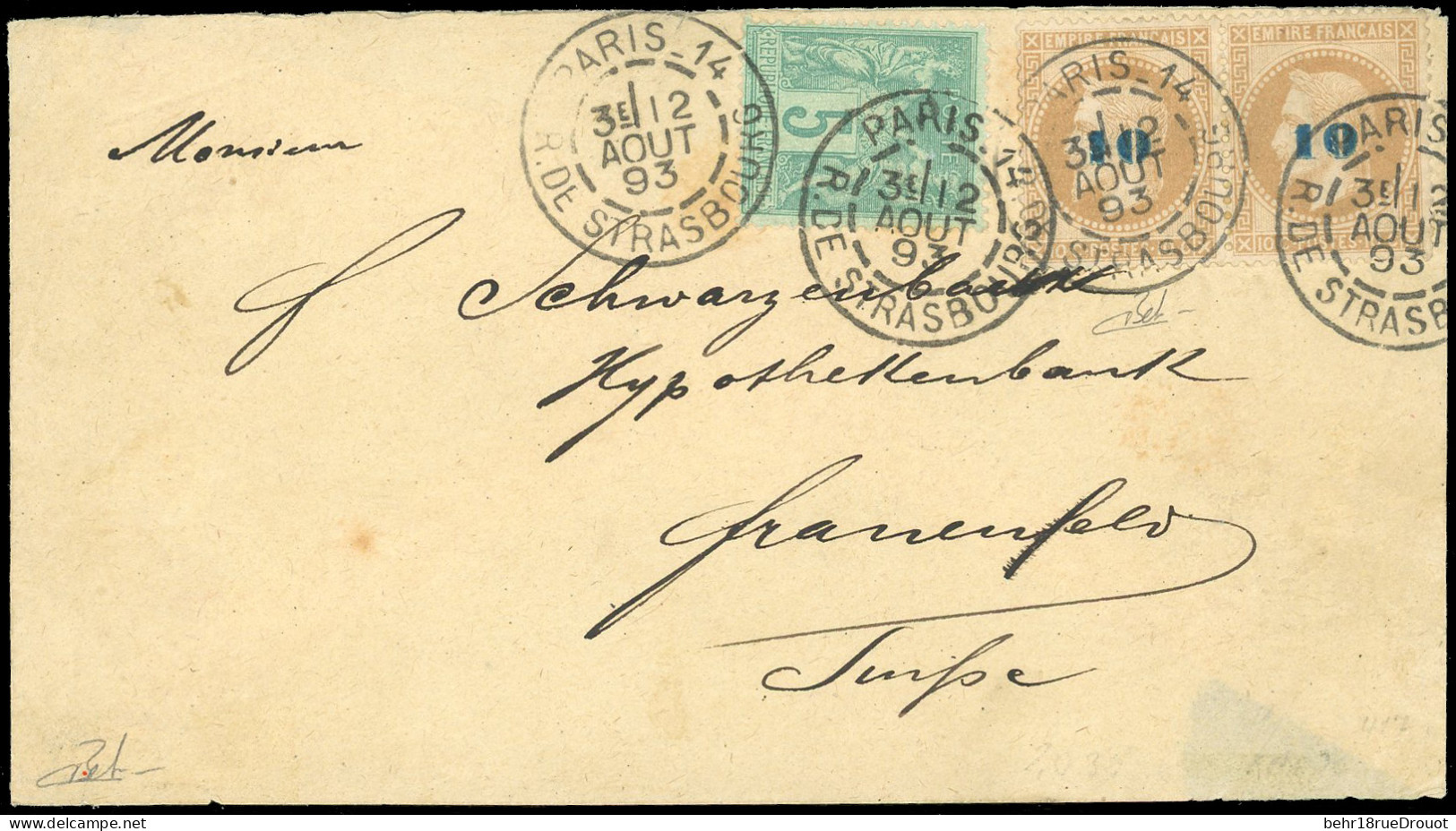 Obl. 34 - Paire Du 10 S/10c. Lauré + 5c. Sage Obl. S/lettre Frappée Du CàD De PARIS - R. DE STRASBOURG Du 2 Août 1893 à  - 1863-1870 Napoleon III With Laurels