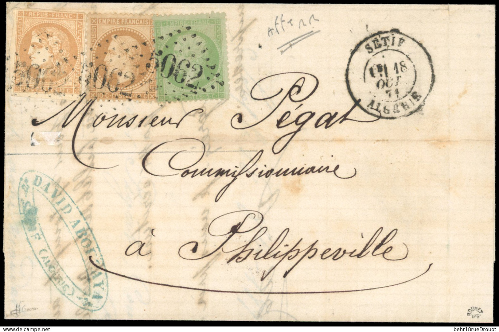 Obl. 35 + 28 + 43 - 5c. Vert S/bleu + 10c. Lauré + 10c. Bordeaux Obl. GC 5062 S/lettre Frappée Du CàD De SETIF - ALGERIE - 1863-1870 Napoléon III Con Laureles