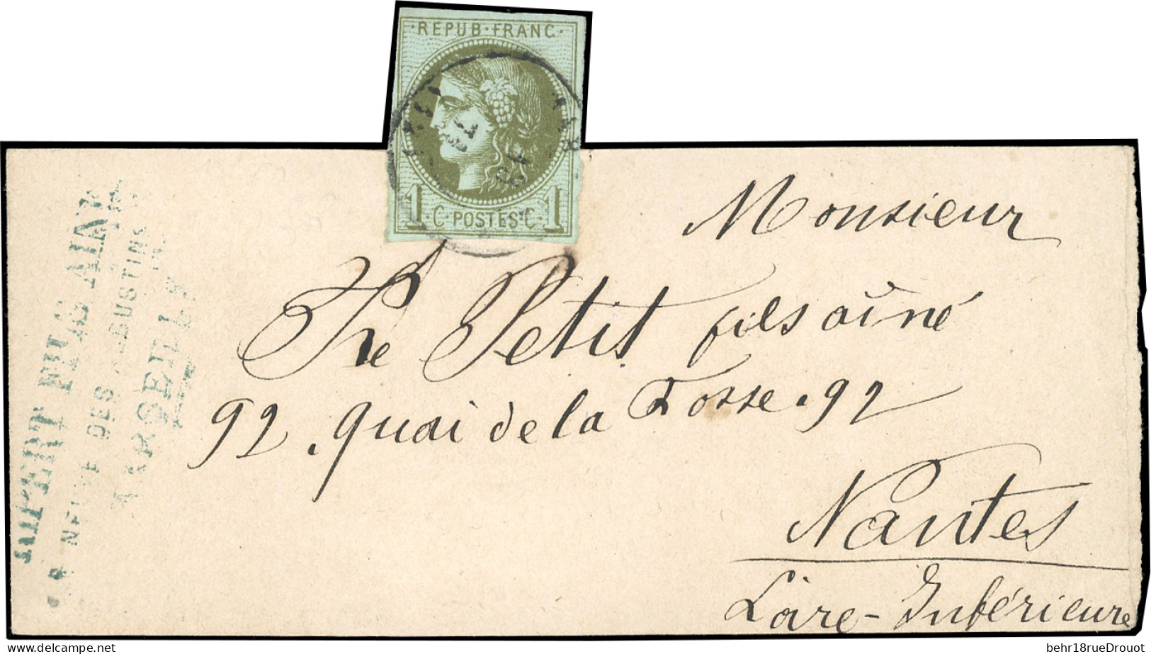 Obl. 39A - 1c. Olive, Obl. S/bande De Journal à Destination De NANTES - LOIRE-INFERIEURE. SUP. - 1870 Ausgabe Bordeaux