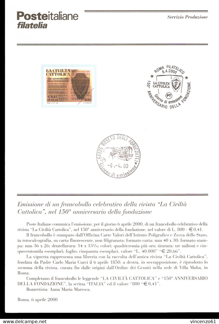 2000 Bollettino 150° Anniversario Della Fondazione Della Rivista ``Civiltà Cattolica’’. - Autres & Non Classés