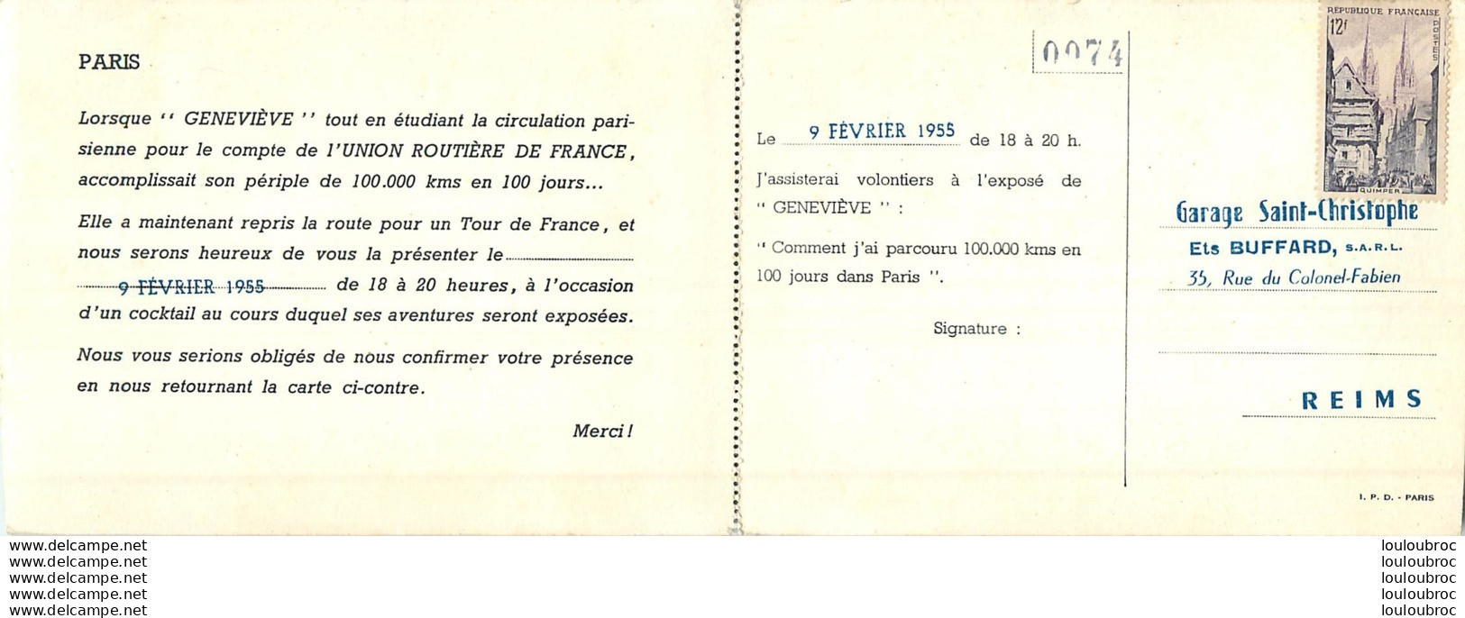 GENEVIEVE PERIPLE DE 100000 KMS EN 100 JOURS CACHET GARAGE SAINT CHRISTOPHE ETS BUFFARD A REIMS CARTE DOUBLE - Other & Unclassified