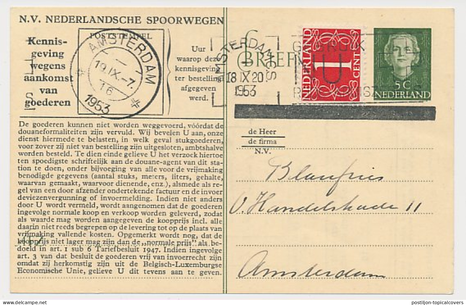 Spoorwegbriefkaart G. NS300 J - Locaal Te Amsterdam 1953 - Postal Stationery