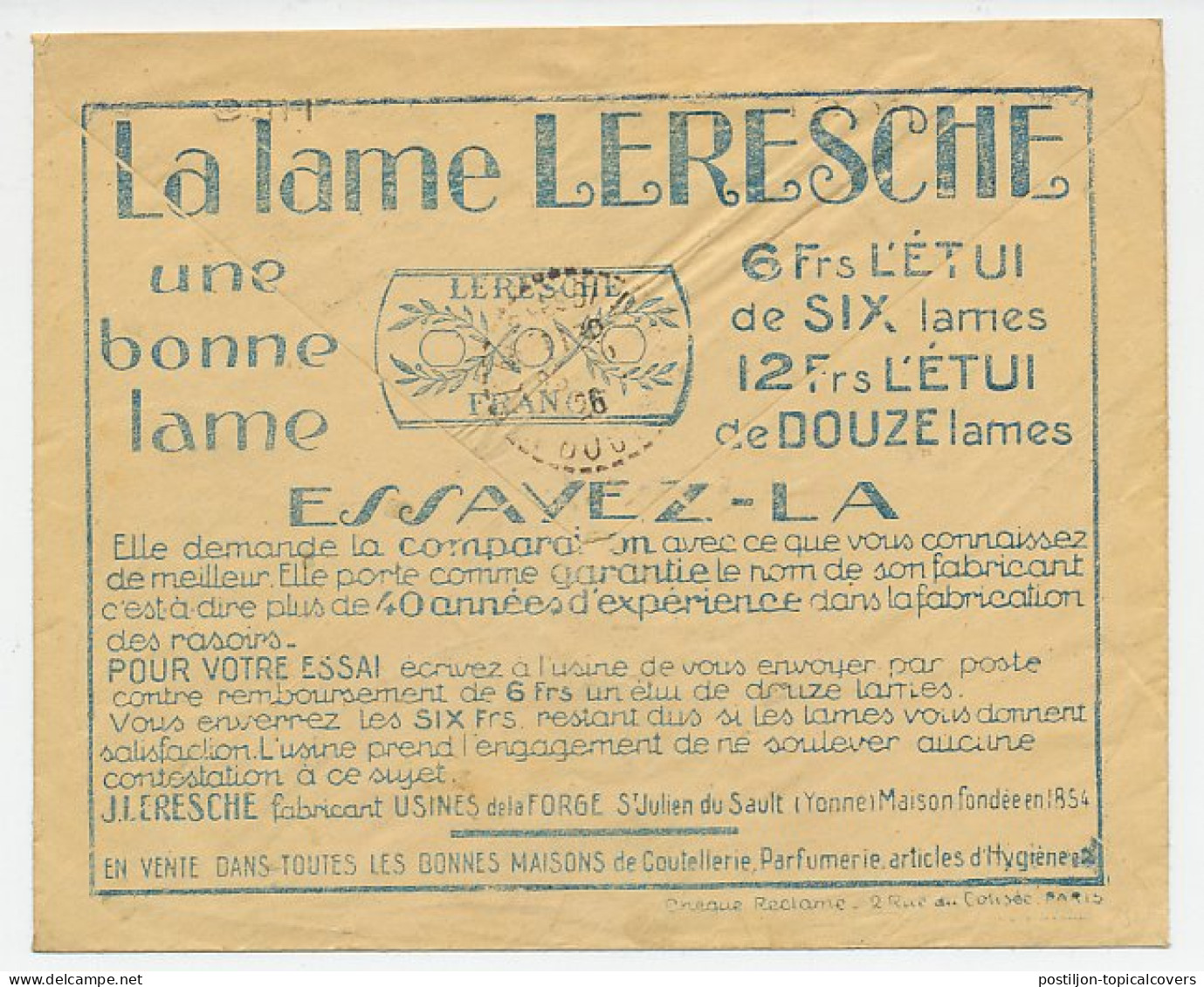 Postal Cheque Cover France 1926 Razor Blade - Leresche - Autres & Non Classés