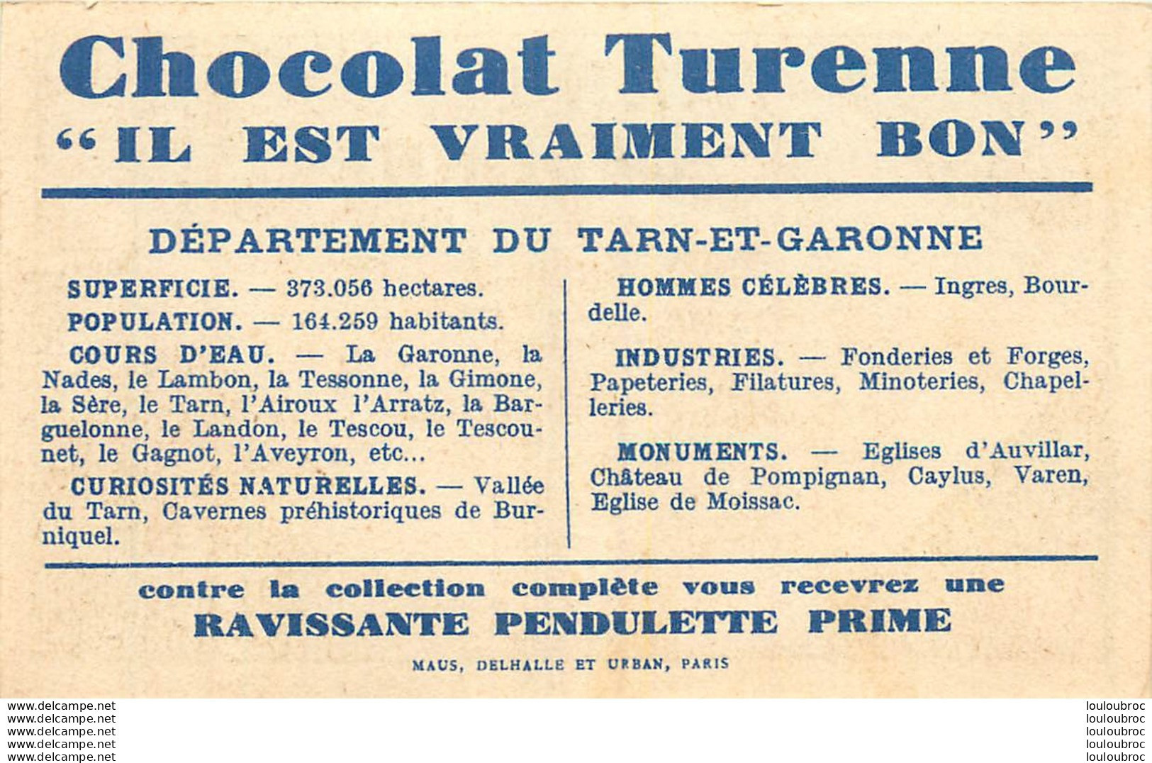 CHROMO CHOCOLAT TURENNE DEPARTEMENT TARN ET GARONNE EDITION MAUS DELHALLE ET URBAN - Sonstige & Ohne Zuordnung