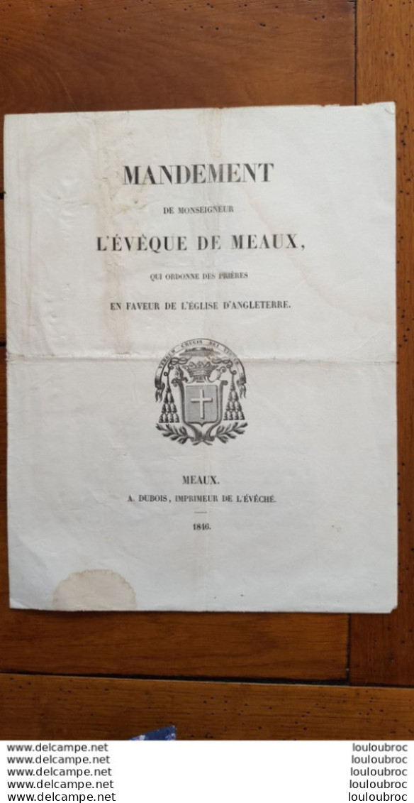 MEAUX MANDEMENT 1846 AUGUSTE  EVEQUE DE MEAUX  8 PAGES - Documents Historiques