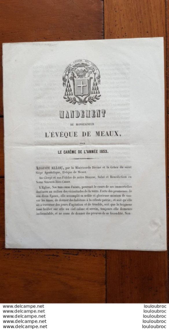 MEAUX MANDEMENT 1853 AUGUSTE EVEQUE DE MEAUX 12 PAGES   EN DERNIERE PAGE CACHET  COMMUNE DE TOURNAN - Historische Dokumente