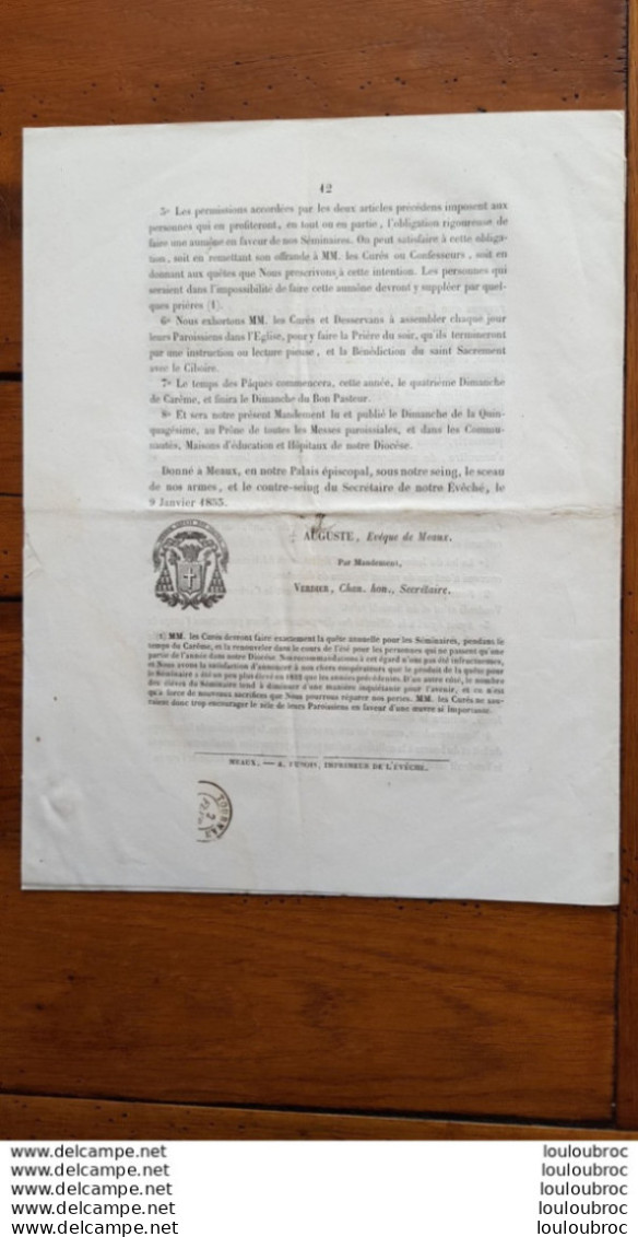 MEAUX MANDEMENT 1853 AUGUSTE EVEQUE DE MEAUX 12 PAGES   EN DERNIERE PAGE CACHET  COMMUNE DE TOURNAN - Historical Documents