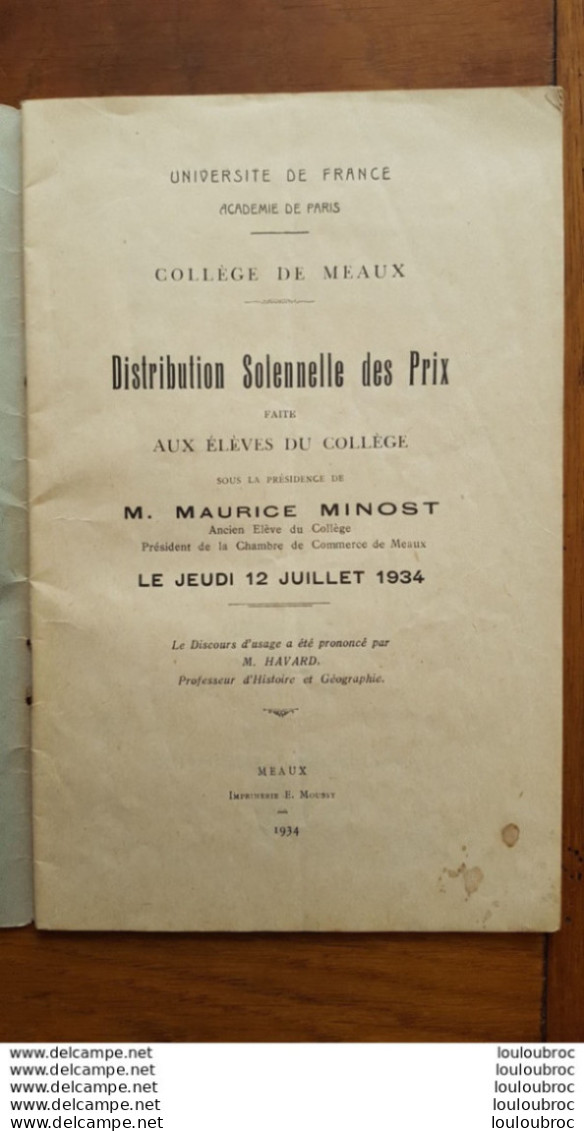 COLLEGE DE MEAUX DISTRIBUTION SOLENNELLE DES PRIX 1934 LIVRET DE 47 PAGES AVEC TOUS LES NOMS - Historical Documents