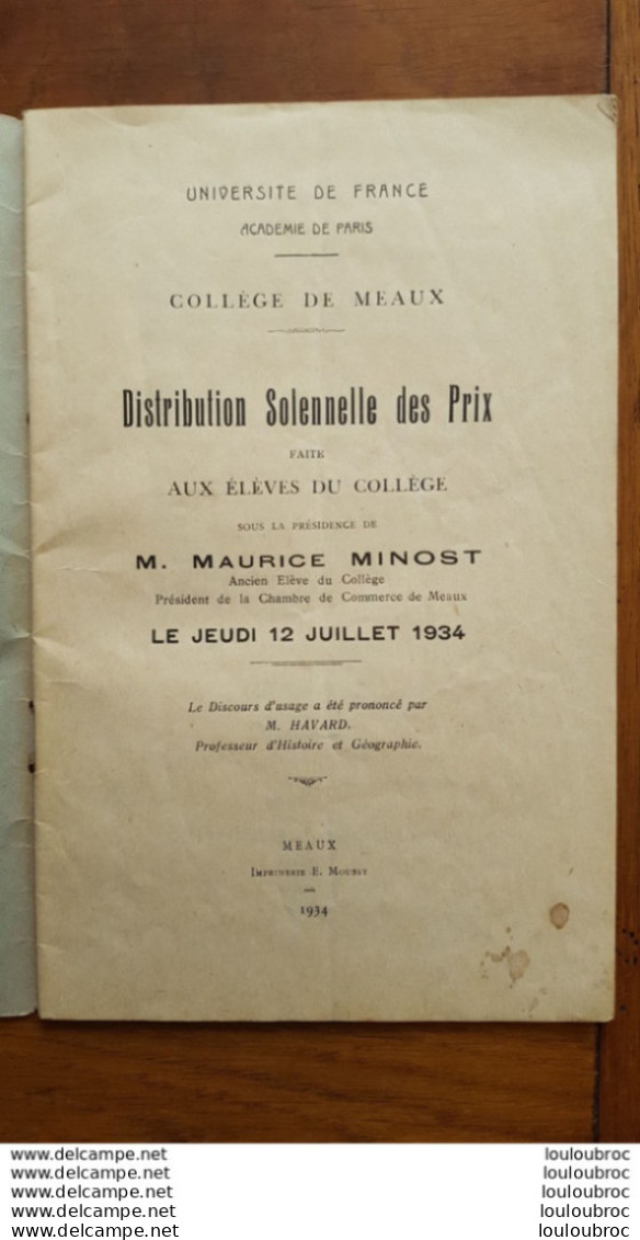 COLLEGE DE MEAUX DISTRIBUTION SOLENNELLE DES PRIX 1934 LIVRET DE 47 PAGES AVEC TOUS LES NOMS - Documenti Storici