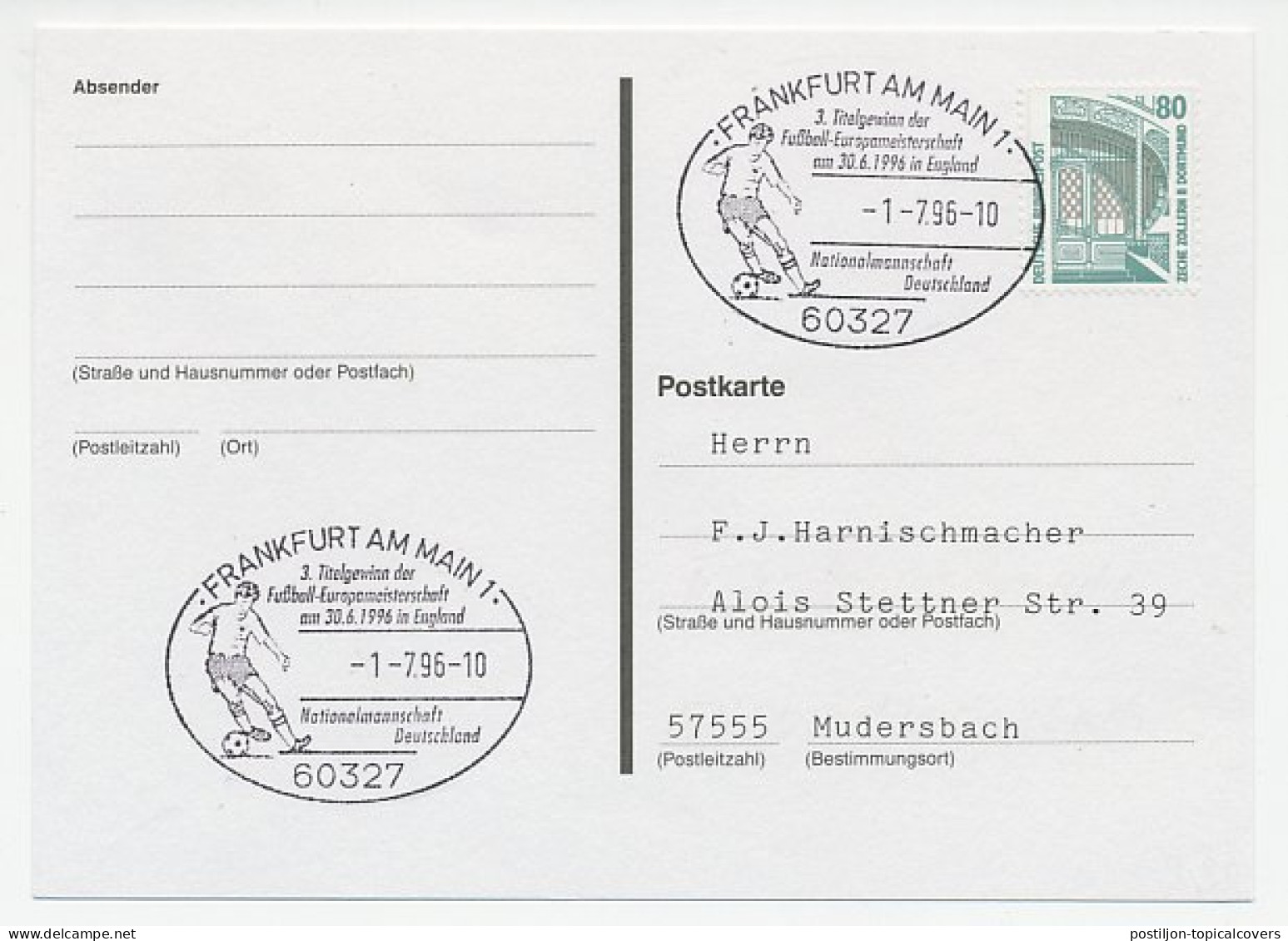 Postcard / Postmark Germany 1996 Football - European Championships - Autres & Non Classés