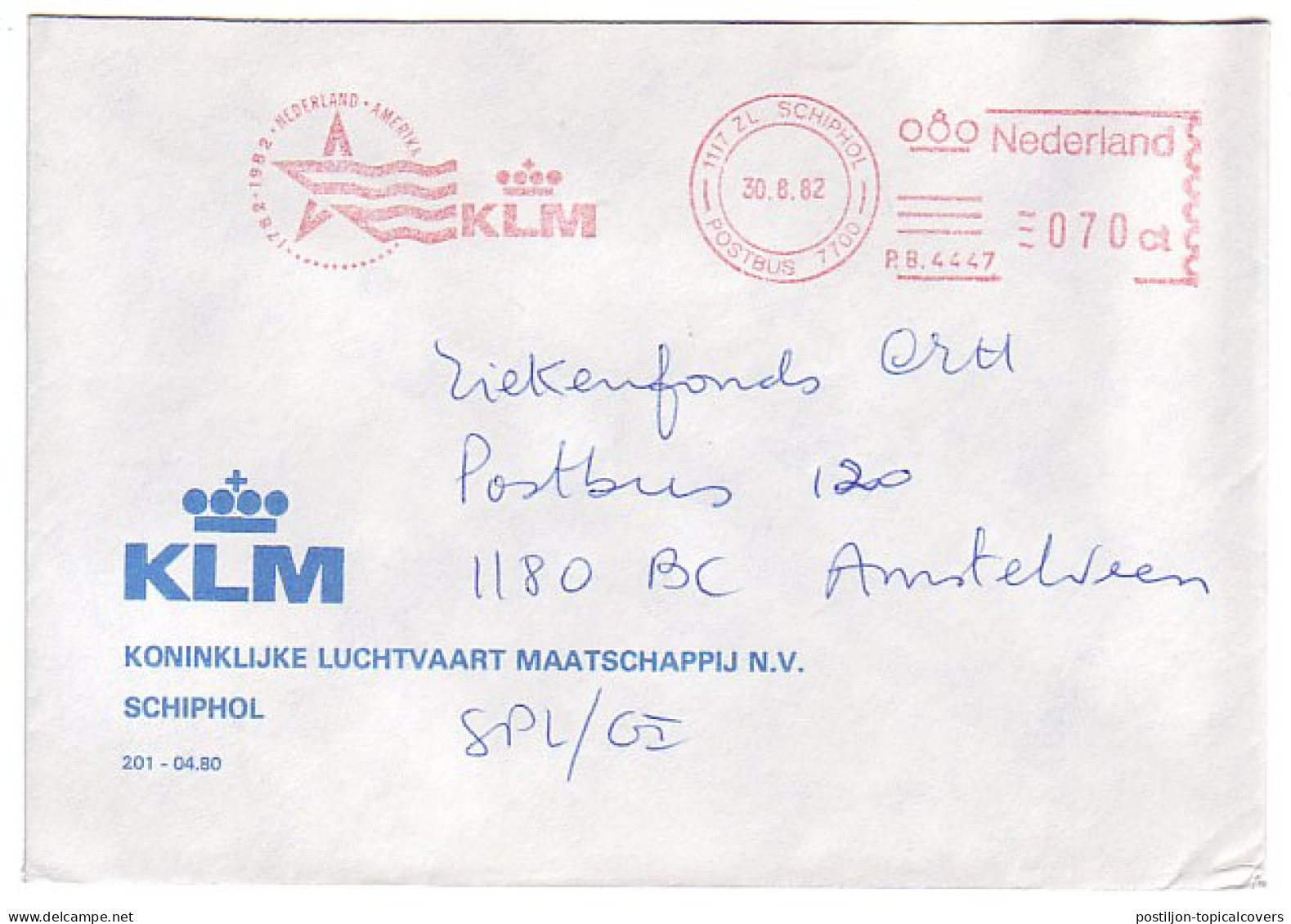 Meter Cover Netherlands 1982 1782 - 1982 200 Years Netherlands - America - KLM - Airplanes
