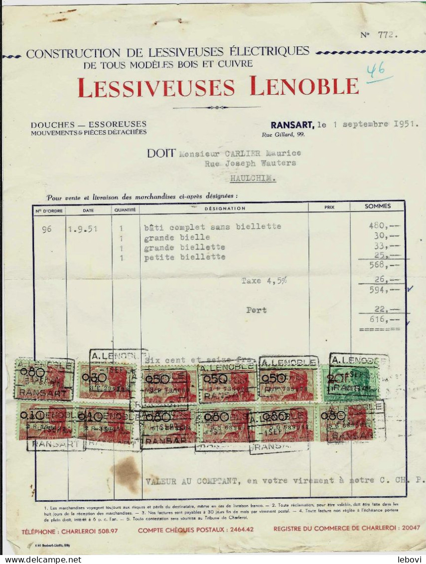 RANSART – Lessiveuses LENOBLE - Facture +lettre De Change (1951/1952) - 1950 - ...