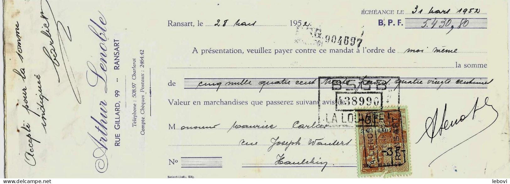 RANSART – Lessiveuses LENOBLE - Facture +lettre De Change (1951/1952) - 1950 - ...