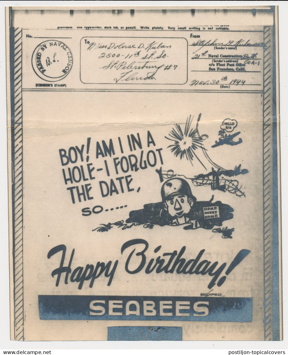 V-Mail To USA 1944 ( With Envelope ) Seabees - Happy Birthday - Fight - Guerre Mondiale (Seconde)