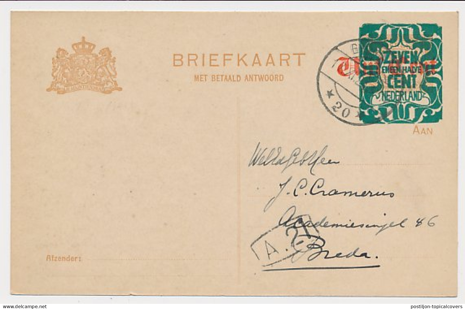 Briefkaart G. 177 I V-krt. Groningen - Breda 1921 - Postal Stationery