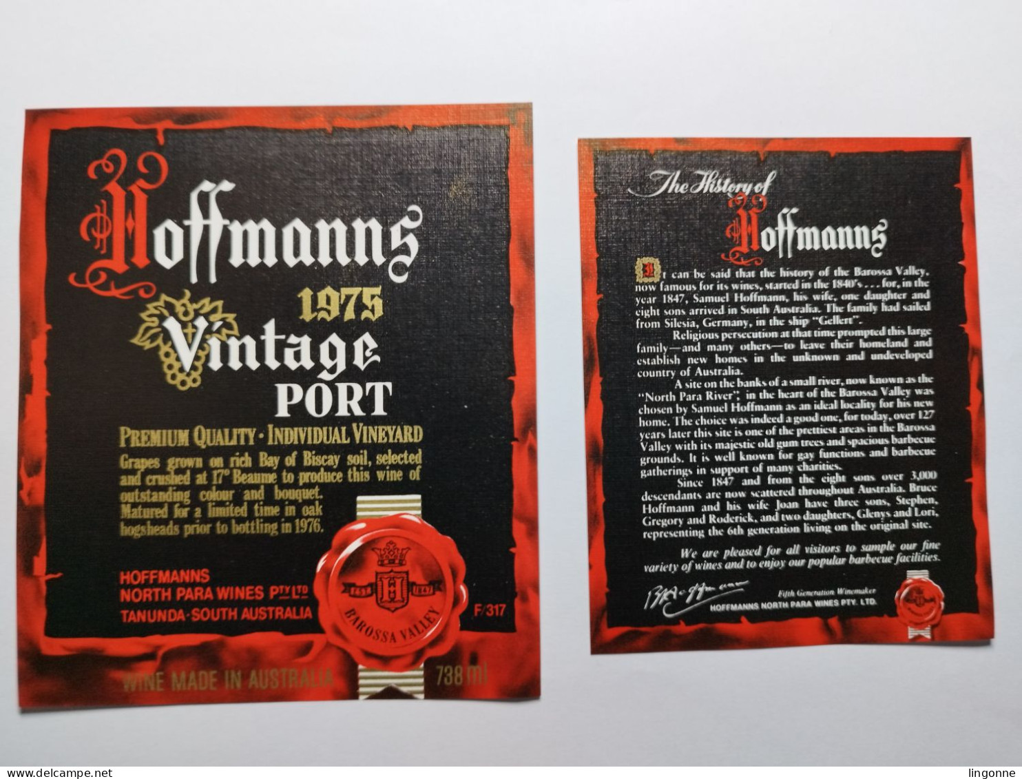 1975 Etiquette Et Contre-étiquette AUSTRALIA VINTAGE PORT PREMIUM QUALITY INDIVIDUAL VINEYARD HOFFMANNS TANUNDA - Otros & Sin Clasificación