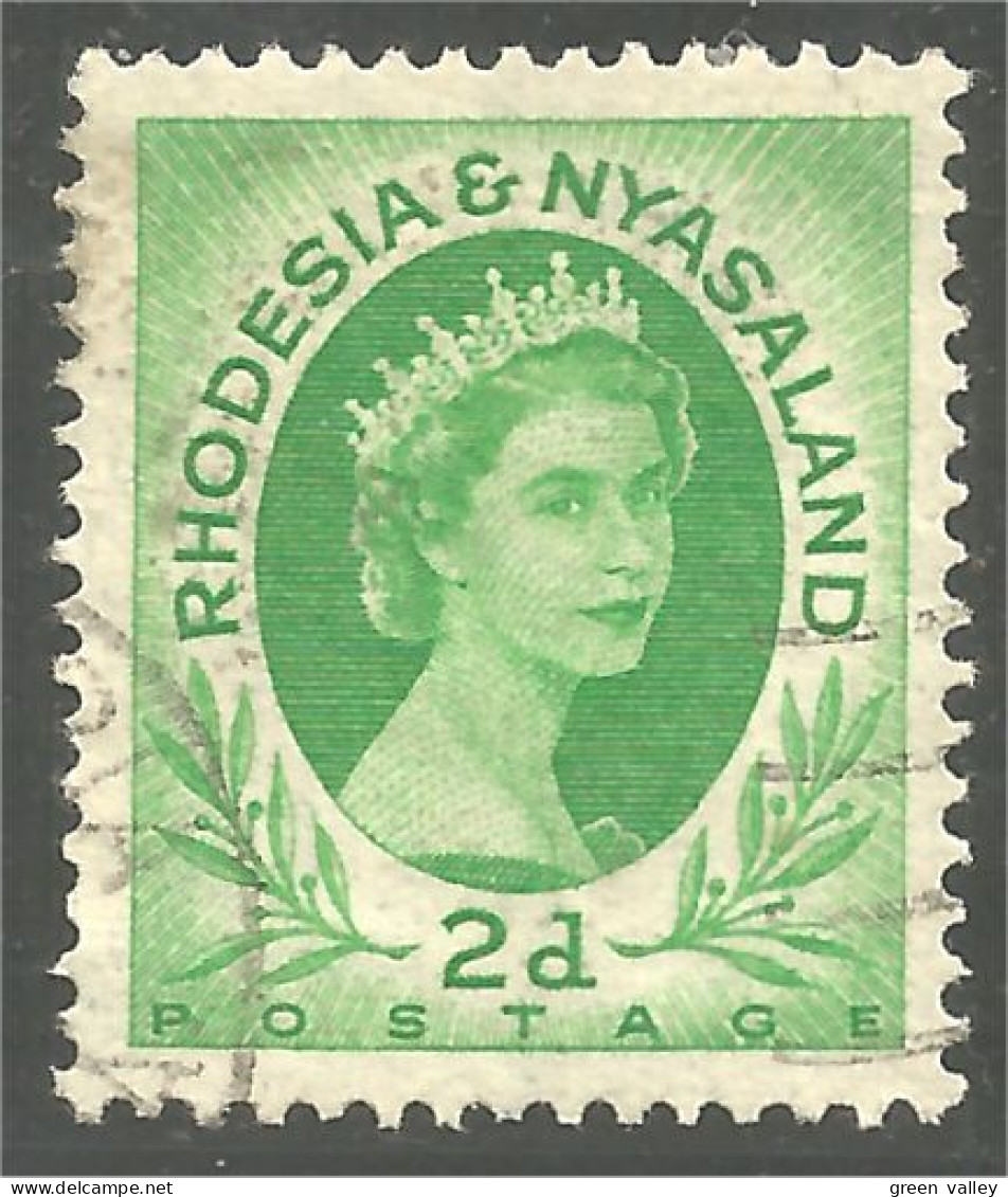 760 Rhodesia Nyasaland Queen Elizabeth II 2d Green Vert (RHO-31a) - Rhodesia & Nyasaland (1954-1963)