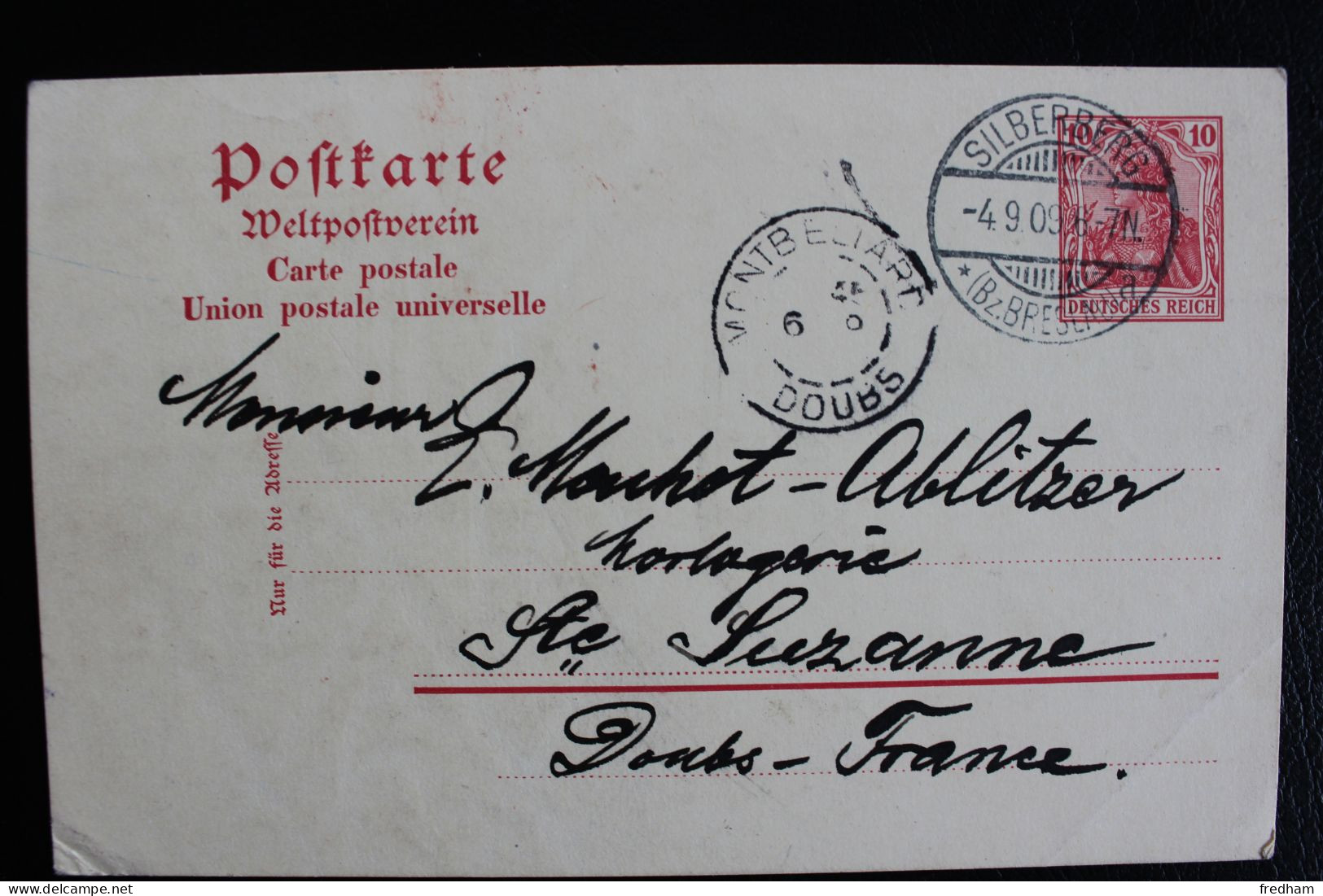 4-9-1909 SILBERBERG *(Bz.BRESLAU) Sur 10 Pf Deutsches Reich Pour MONTBELIARD FRANCE CAD DU 6-9-09 ..TB - Cartoline