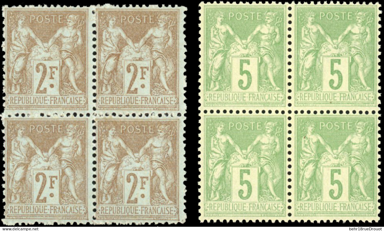 ** 105+ 106 - 2F. Bistre S/azuré + 5c. Vert-jaune. 2 Blocs De 4. SUP. - 1876-1878 Sage (Typ I)