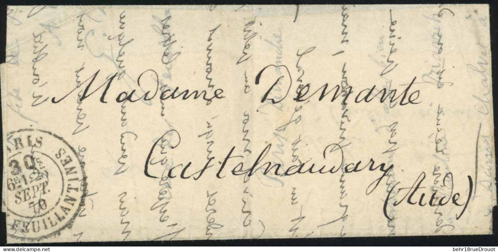 Obl. Courrier Retardé Des ETATS UNIS. Lettre Manuscrite De Paris Du 25 Septembre 1870 Frappée Du CàD Taxe 30c. De PARIS  - Oorlog 1870