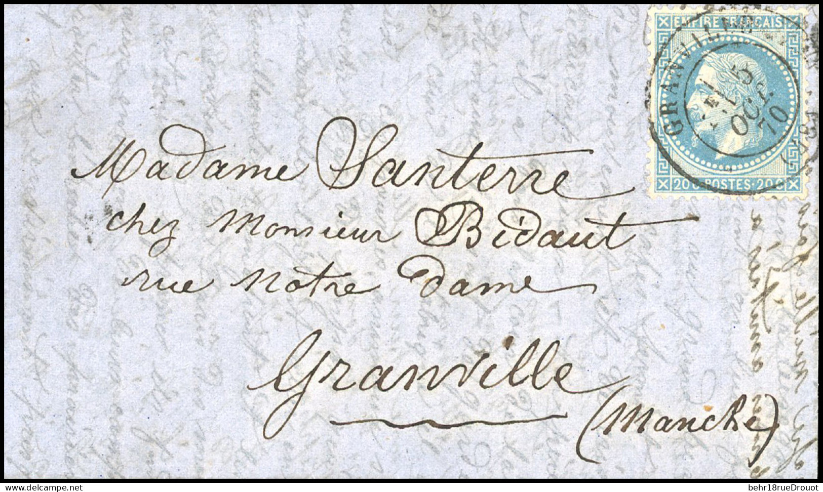 Obl. 29 - Pli Confié Du CELESTE. 20c. Lauré Obl. S/lettre Frappée, à L'arrivée, Du CàD De GRANVILLE Du 5 Octobre 1870 à  - Krieg 1870