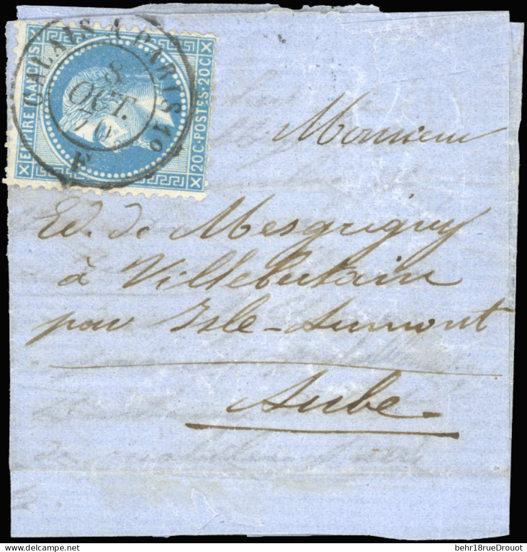 Obl. 29 - Pli Confié ARMAND BARBES. 20c. Lauré Obl. S/petite Lettre Manuscrite De PARIS Frappée Du CàD De CALAIS A PARIS - Krieg 1870