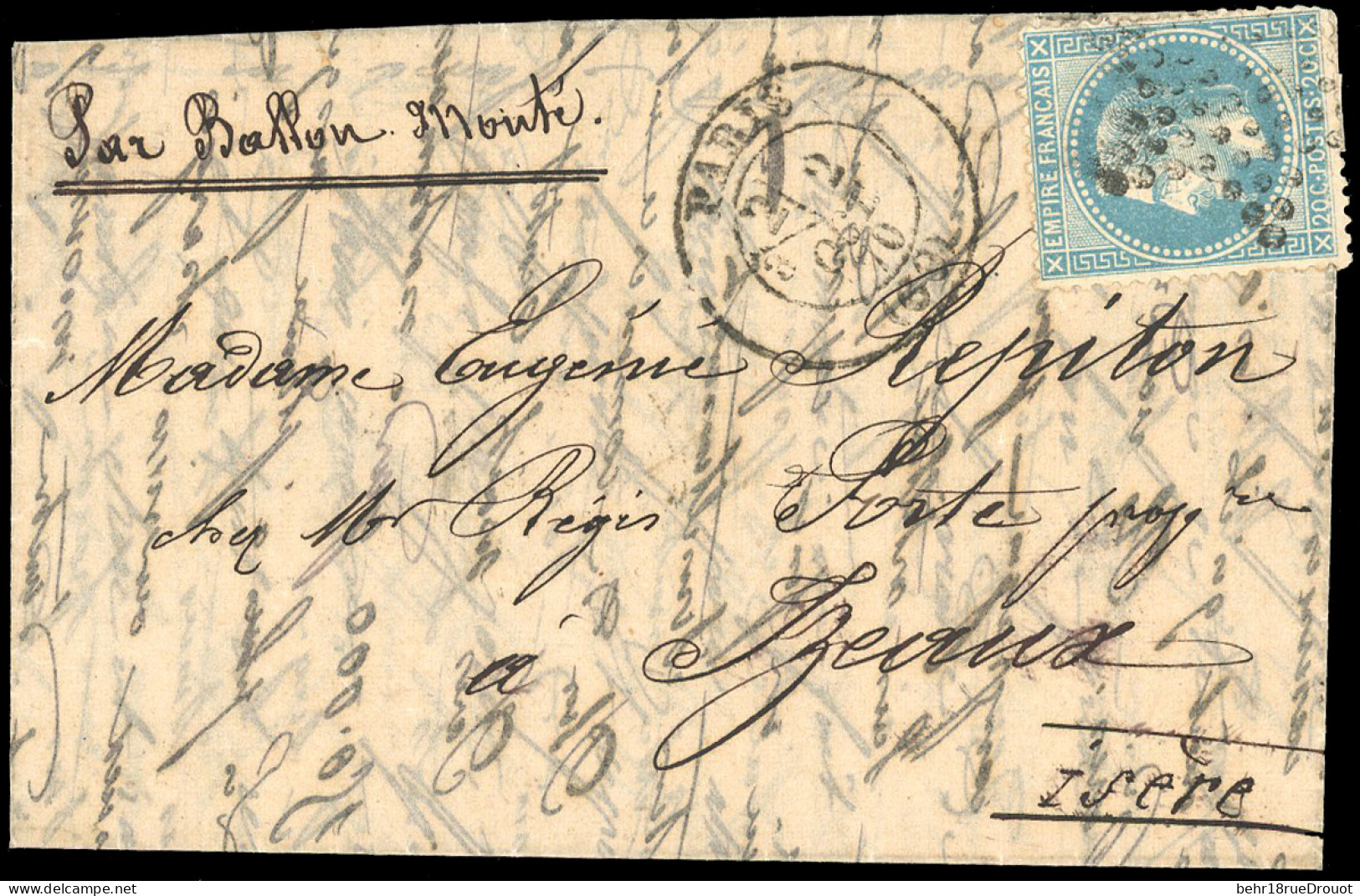 Obl. 29 - L'ARMAND BARBES. 20c. Lauré Obl. S/lettre Frappée Du Cachet Avec Section De Levée De PARIS (60) Du 2 Octobre 1 - Guerre De 1870