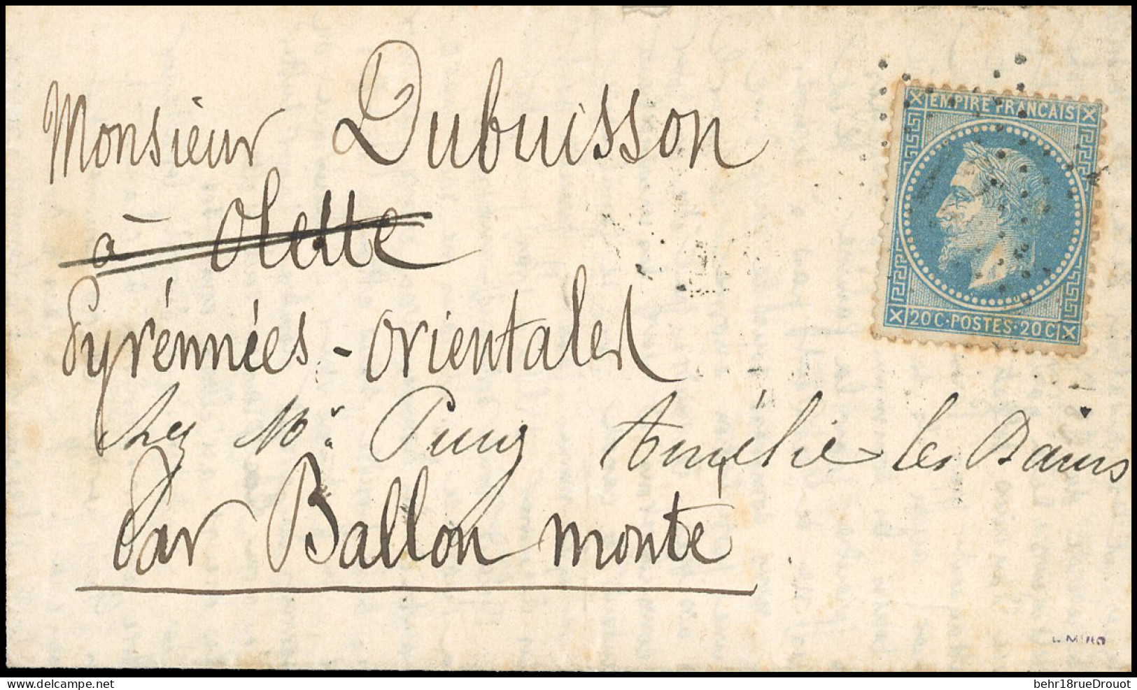 Obl. 10 - L'ARMAND BARBES. 20c. Lauré Obl. étoile S/lettre Manuscrite De PARIS Du 4 Octobre 1870 à Destination D'OLETTE  - Krieg 1870