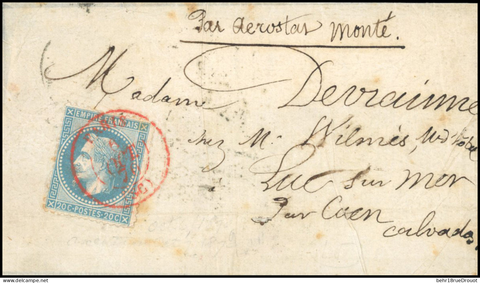 Obl. 29 - L'ARMAND BARBES. 20c. Lauré Obl. S/lettre Frappée Du Cachet Rouge PARIS (SC) Du 6 Octobre 1870 à Destination D - Guerra Del 1870