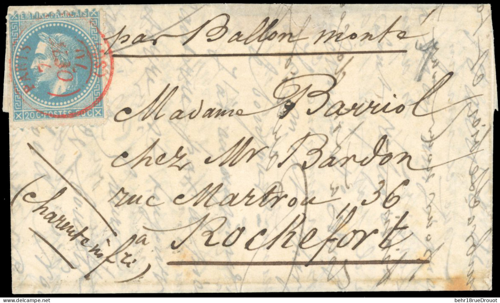 Obl. 29 - L'ARMAND BARBES. 20c. Lauré Obl. S/lettre Frappée Du Cachet Rouge PARIS (SC) Du 7 Octobre 1870 à Destination D - Oorlog 1870