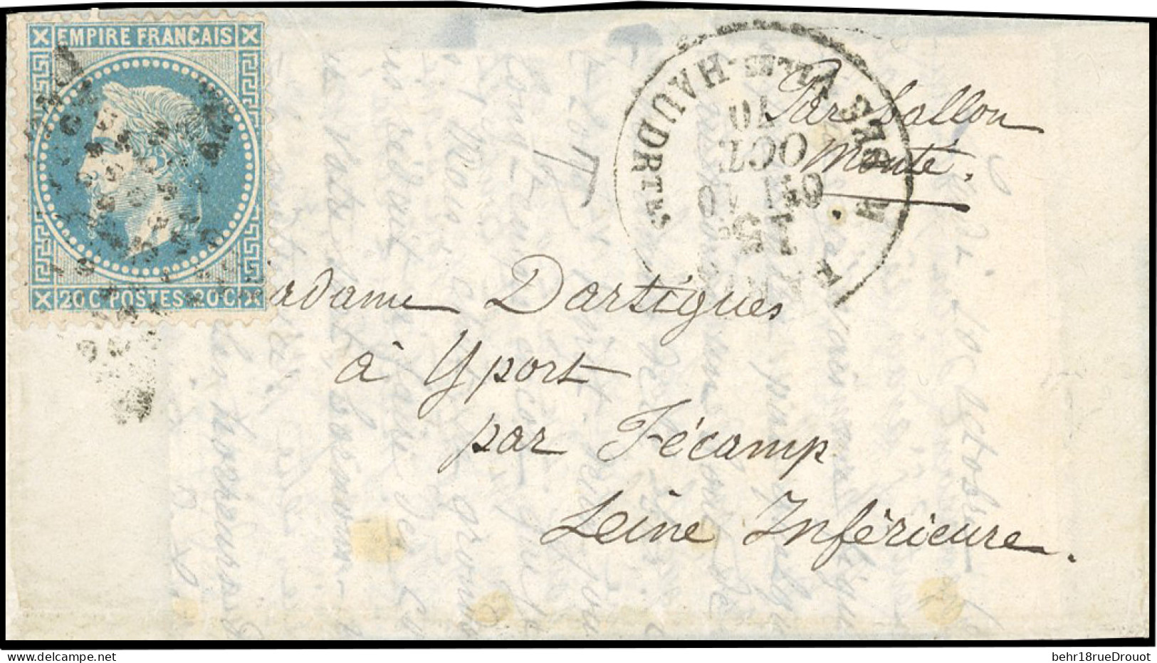 Obl. 29 - LE WASHINGTON. 20c. Lauré Obl. étoile 7 S/lettre Frappée Du Cachet, Taxe 15, PARIS - R. DES VLLES HAURTTES Du  - War 1870