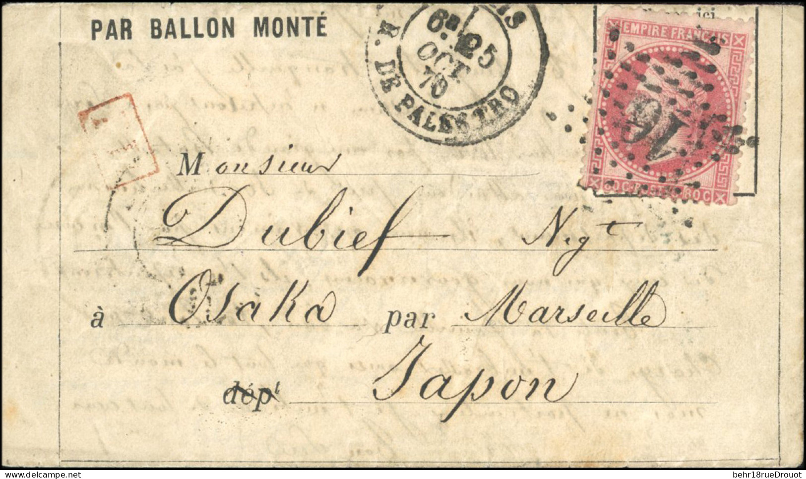 Obl. 32 - LE VAUBAN. 80c. Lauré S/Formule Imprimée Frappée Du CàD De PARIS Du 25 Octobre 1870 à Destination D'OSAKA - JA - Guerra Del 1870