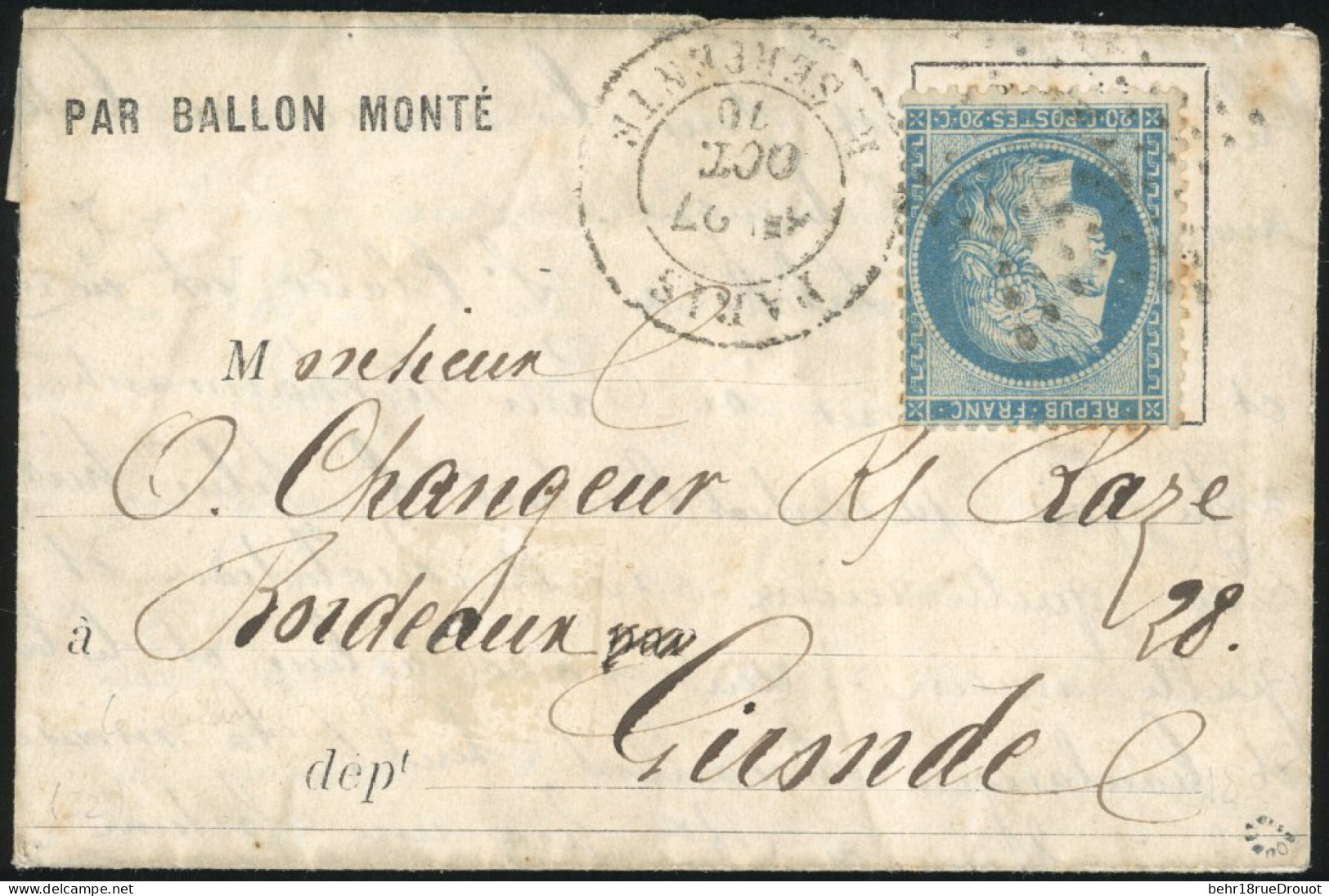 Obl. 37 - LE COLONEL CHARRAS. 20c. Siège Obl. étoile S/formule Imprimée Frappée Du CàD De PARIS - R. SERPENTE Du 27 Octo - War 1870