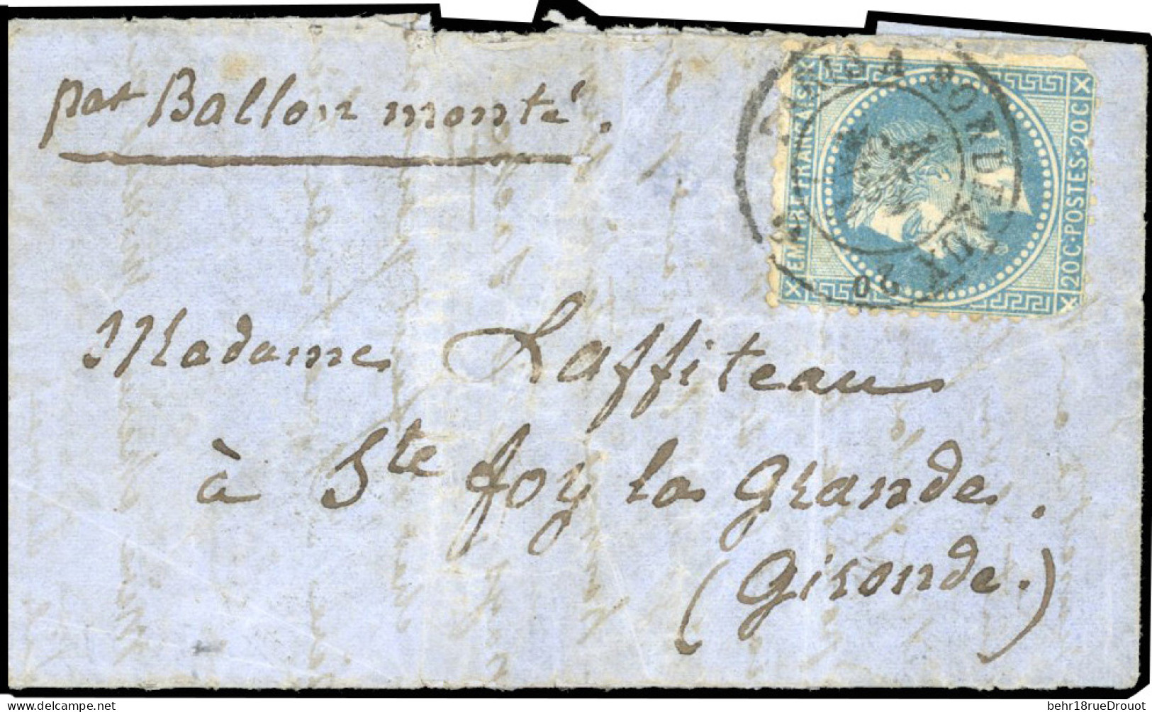 Obl. 29 - Pli Confié Du FULTON. 20c. Lauré Obl. S/lettre De Paris Du 24 Octobre 1870 Frappée Du CàD De PARIS A BORDEAUX  - Guerra Del 1870