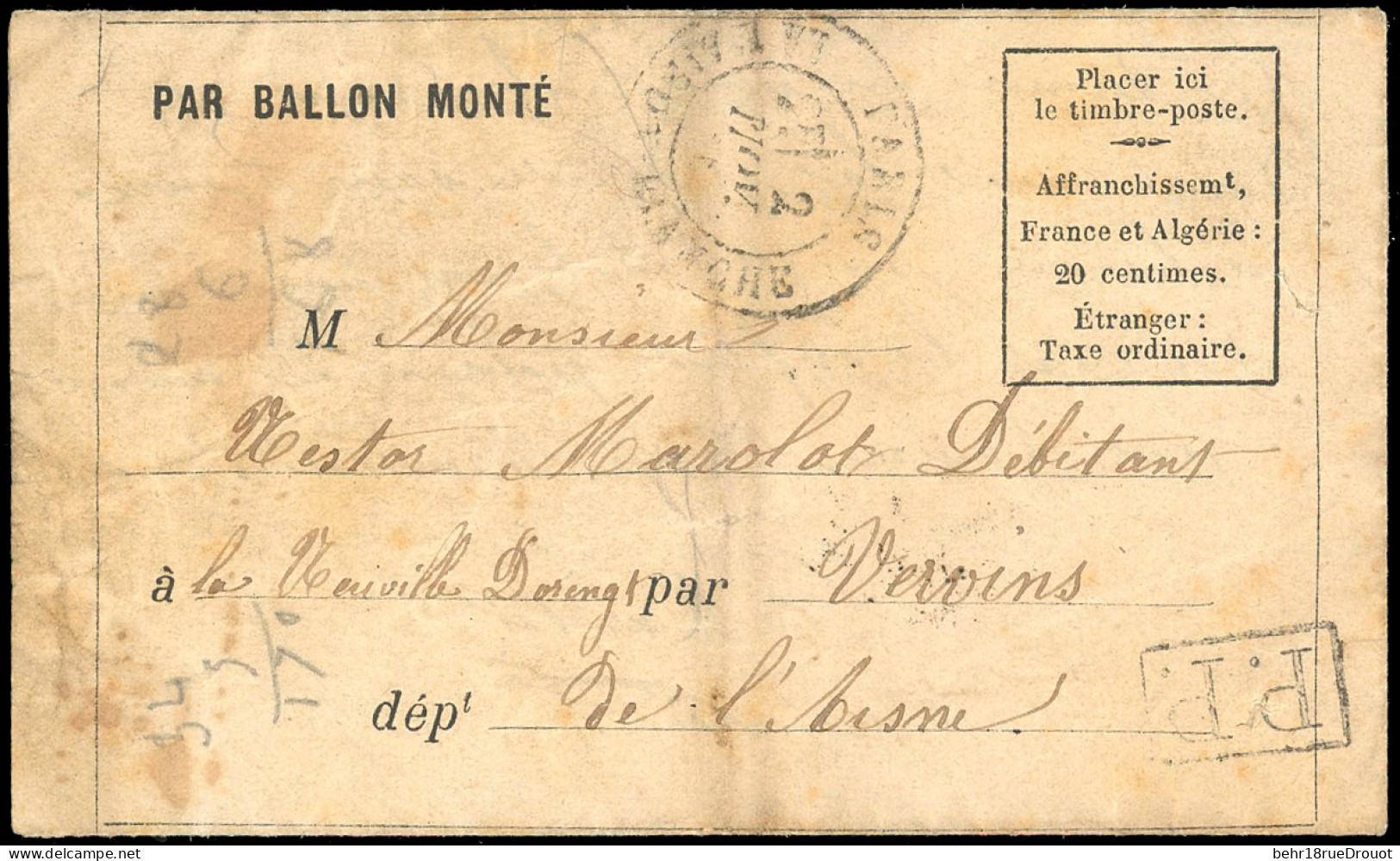 Obl. LE FERDINAND FLOCON. Formule Orlandi Du Fort D'Ivry, Frappée Du Cachet Encadré P.P. Et Du CàD De PARIS - LA MAISON  - War 1870