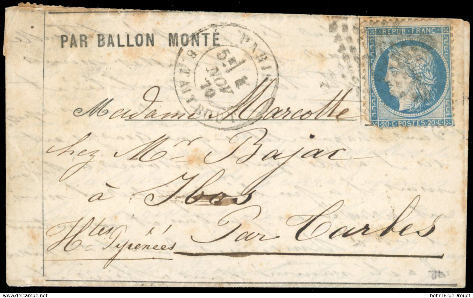 Obl. 37 - LA VILLE DE CHATEAUDUN. 20c. Siège (déf.) Obl. étoile 22 S/lettre Frappée Du CàD De PARIS - RUE TAITBOUT Du 4  - War 1870