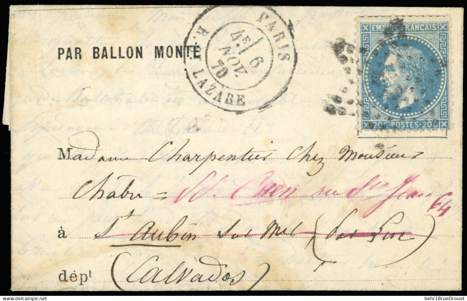 Obl. 29 - LA GIRONDE. 20c. Lauré Obl. étoile 2 S/formule Imprimée Frappée Du CàD De PARIS - R. ST-LAZARE Du 6 Novembre 1 - Krieg 1870