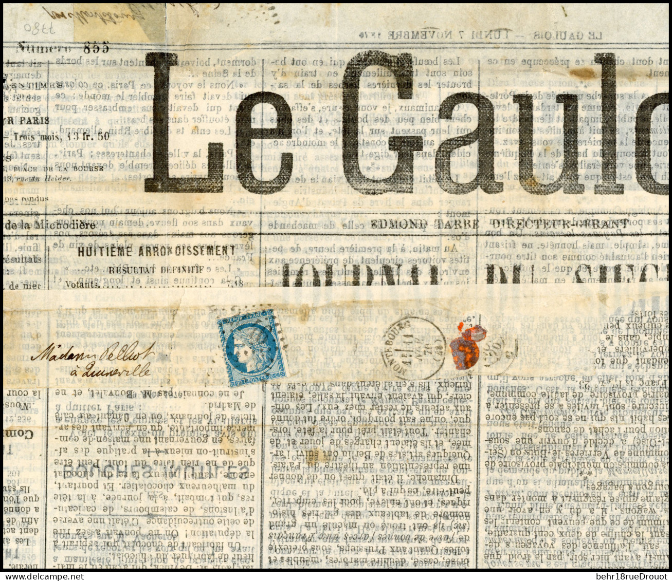 Obl. 37 - LE GIRONDE. 20c. Siège Obl. GC2446 De MONTEBOURG (Manche) Sur Journal LE GAULOIS Entier Du 7 Novembre 1870 Et  - Guerra Del 1870
