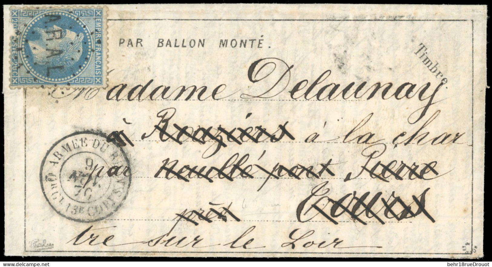 Obl. 29 - LE DAGUERRE. 20c. Lauré (def) Obl. ''ARAL'' S/Dépêche-Ballon N°3 Frappée Du CàD De L'ARMEE DU RHIN Du 9 Novemb - Krieg 1870