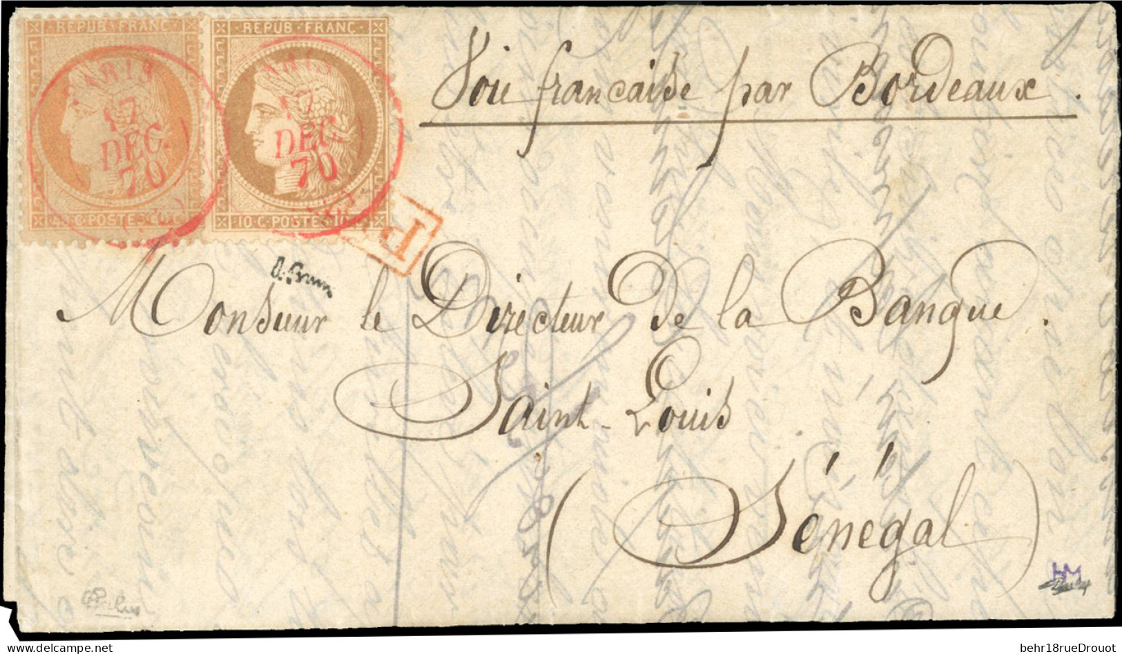 Obl. 36+ 38 - LE DAVY. 10c. + 40c. Siège Obl. Du Cachet Rouge PARIS SC Du 17 Décembre 1870 S/lettre à Destination De SAI - War 1870