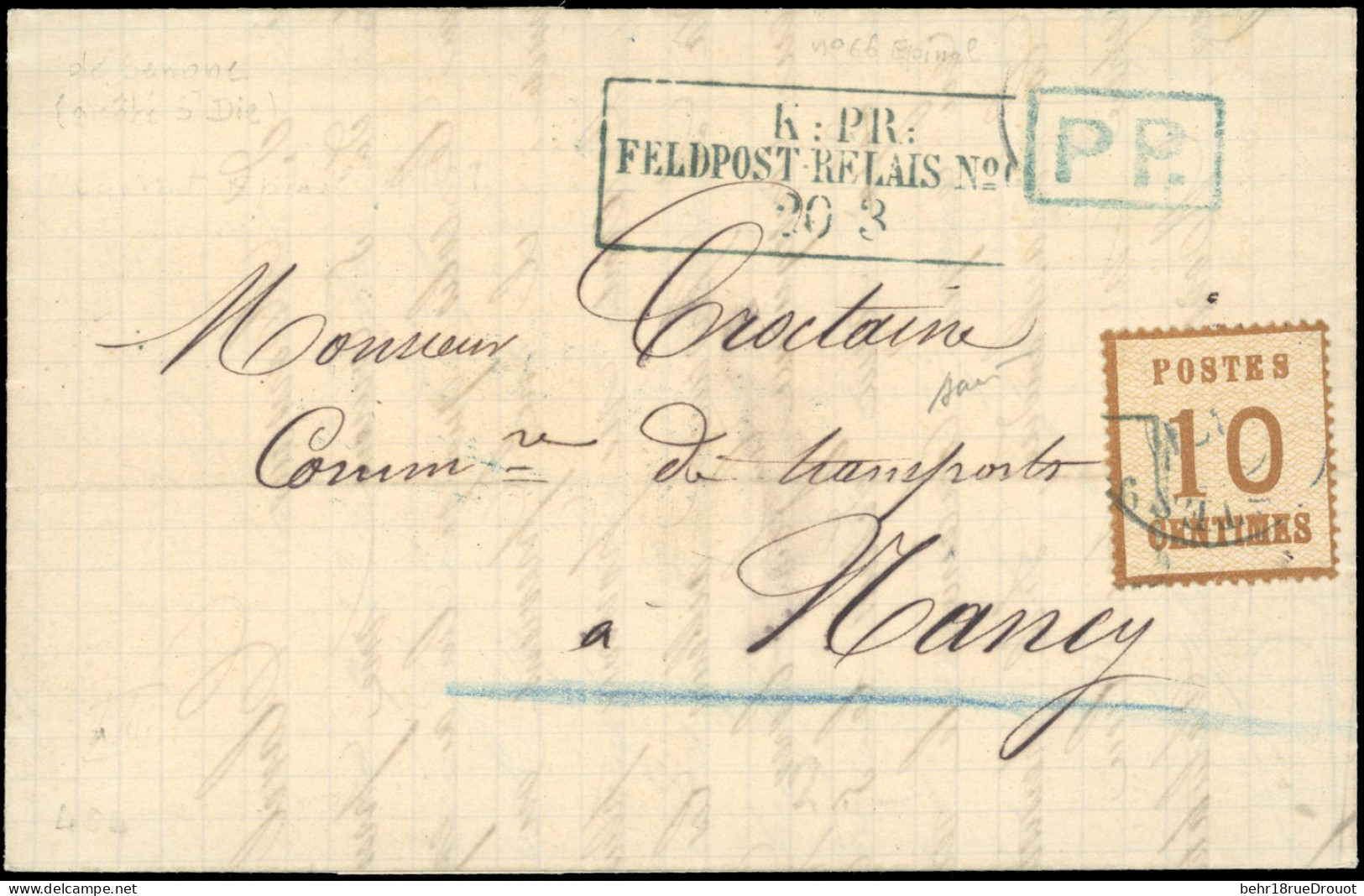 Obl. 5 - Lettre De SENONES Du 20 Mars 1871 à Destination De NANCY. Le Bureau N'ayant Plus De Vignette A Fait Payer En Nu - Autres & Non Classés