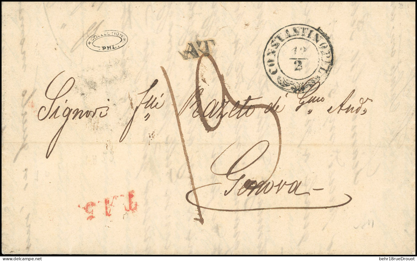 Obl. CONSTANTINOPLE. Lettre Frappée Du Cachet Orné De CONSTANTINOPEL Du 12 Février 1853 à Destination De GENOVA - ITALIE - 1849-1876: Klassik