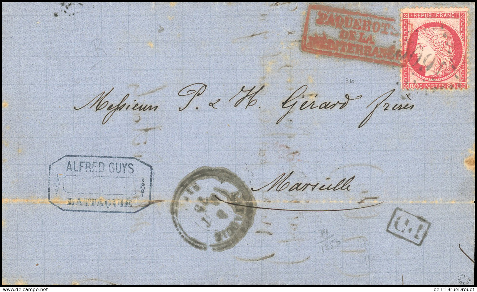Obl. 57 - LATTAQUIE. 80c. Cérès, GC 5091 S/lettre Frappée Du CàD Perlé De LATTAQUIE - SYRIE D'août 1875 à Destination De - 1849-1876: Periodo Clásico