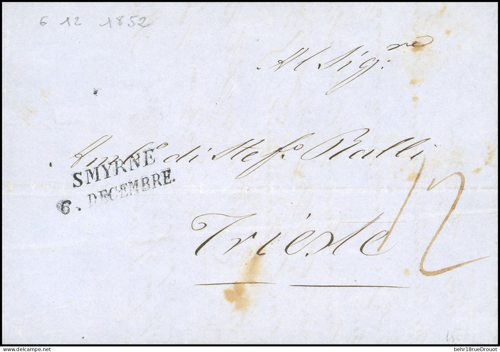 Obl. SMYRNE. Lettre Manuscrite Du 6 Décembre 1852 Frappée De La Griffe Linéaire De "SMYRNE 6 DECEMBRE" à Destination De  - 1849-1876: Periodo Classico